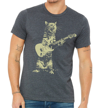 Heather charcoal T-shirt featuring a playful cat design playing a guitar, by Indigo Tiger.