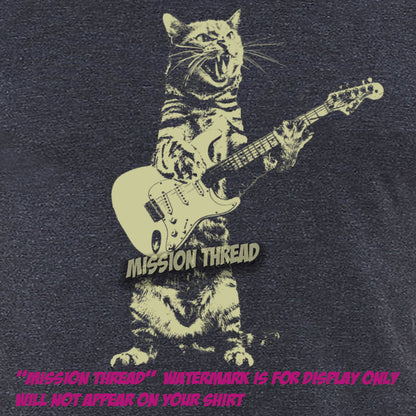 Cute cat playing guitar T-shirt by Indigo Tiger featuring a playful cat illustration on a casual tee.