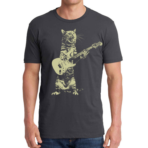 Charcoal T-shirt featuring a playful cat illustration playing a guitar, by Indigo Tiger.