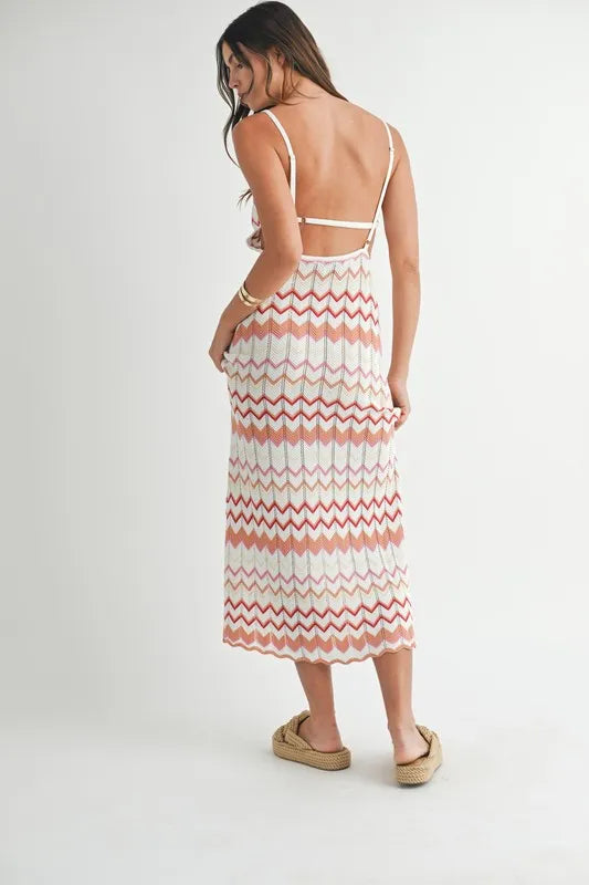 Lightweight MABLE Pointelle Chevron Knit Maxi Dress by Pear Daisy, showing the textured knit fabric and elegant length.