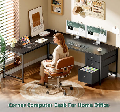 63 Inch Corner Desk Black Ultra Premium Storage Drawers