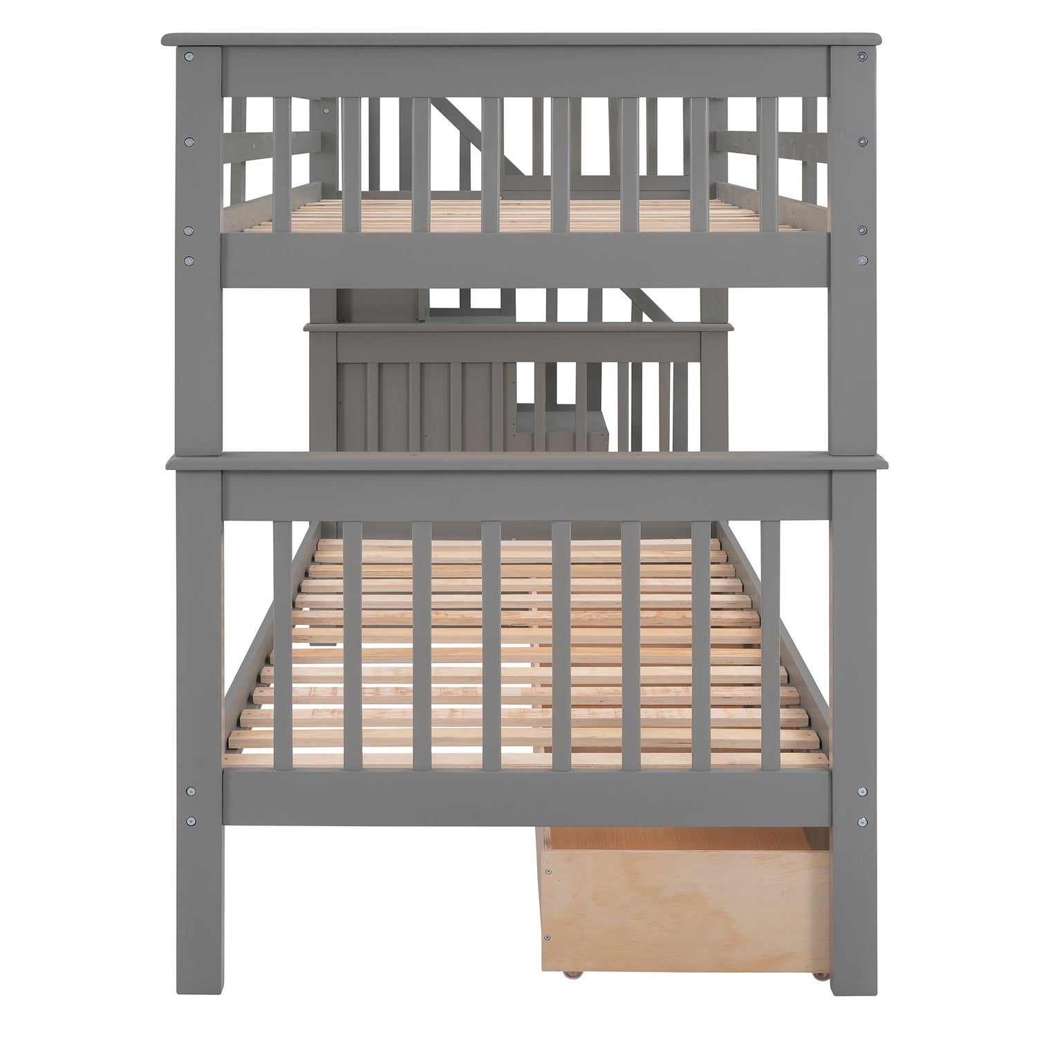 Sangria Beech twin-over-twin bunk bed with three storage drawers, sturdy wooden furniture for bedrooms or dorms.