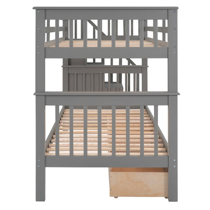 Sangria Beech twin-over-twin bunk bed with three storage drawers, sturdy wooden furniture for bedrooms or dorms.