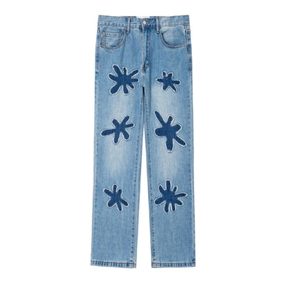 Carmine Juneberry Retro Burnt Flowers niche wash old jeans for men, showcasing distressed denim with floral embroidery and vintage style.