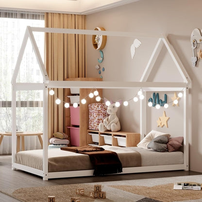 Peach Maple twin house bed frame with roof canopy, Montessori-style kids&