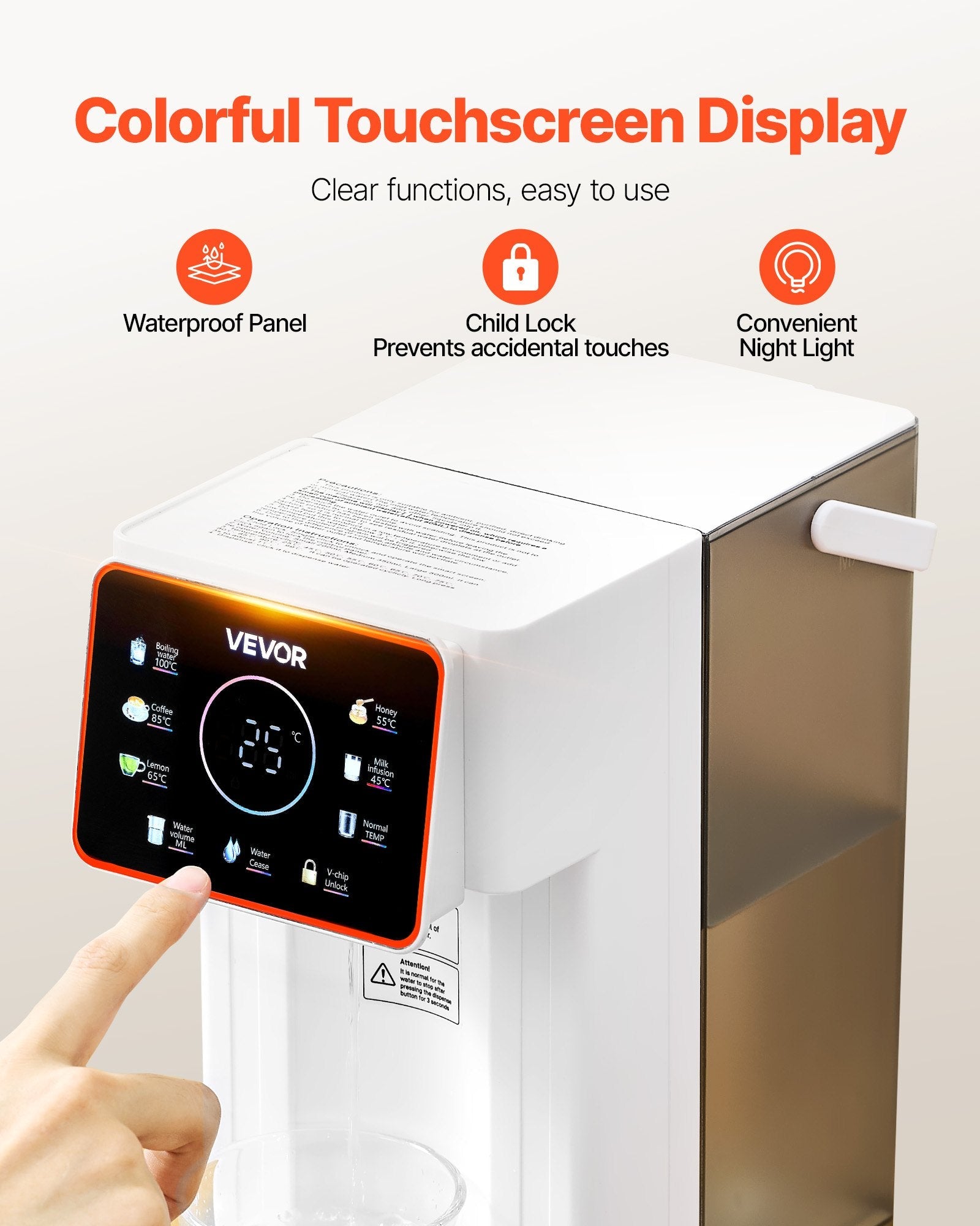Pear Daisy countertop hot water dispenser with 6 temperature settings and 7 volume options, 101oz capacity for home use.