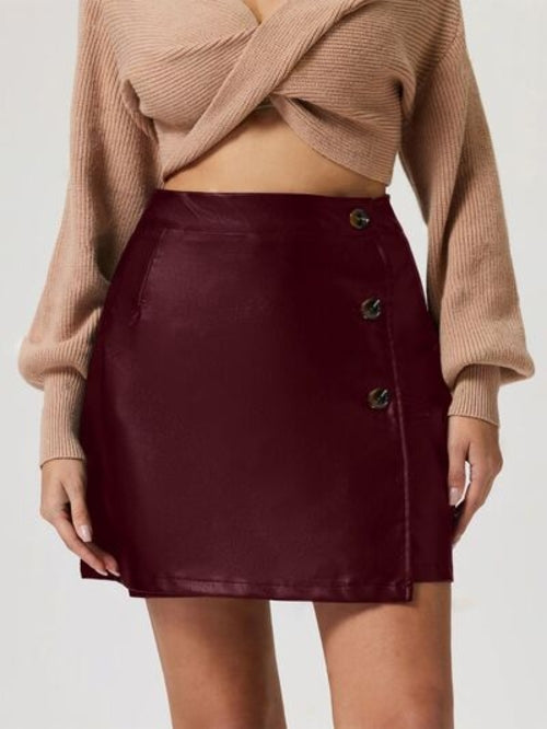 Taupe Oliver MUNSIEUR buttoned high-rise mini skirt with sleek design, styled for a chic, luxury look.