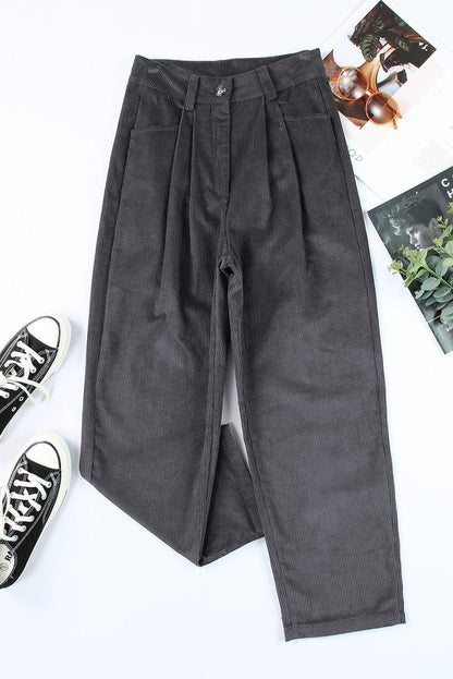 Gray corduroy high waist straight leg pants by Carmine Juneberry, shown with a close-up of the fabric and fit.