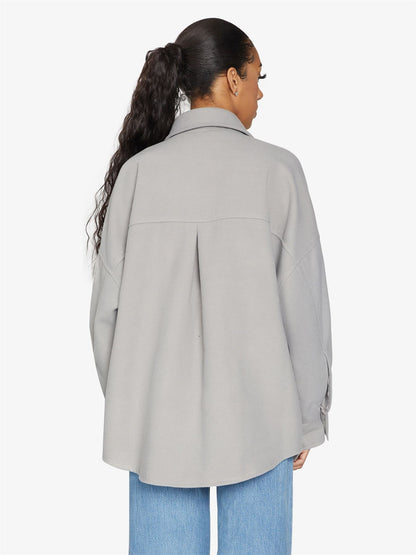 Rose Eleusis oversized patch pocket shacket, a stylish casual jacket with large patch pockets and relaxed fit, perfect for layering.