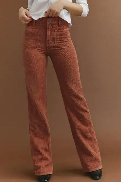 Brown high waist corduroy pants with square pockets from Carmine Juneberry, showcasing the textured fabric and stylish fit.
