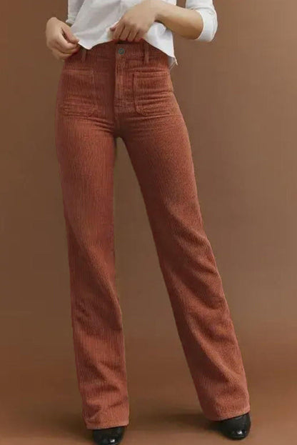 Brown high waist corduroy pants with square pockets from Carmine Juneberry, showcasing the textured fabric and stylish fit.