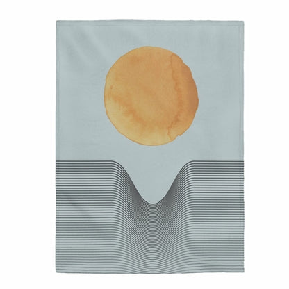 Blue plush throw featuring abstract sun art by Yellow Pandora, available in three sizes, ideal for home decor and cozy comfort.