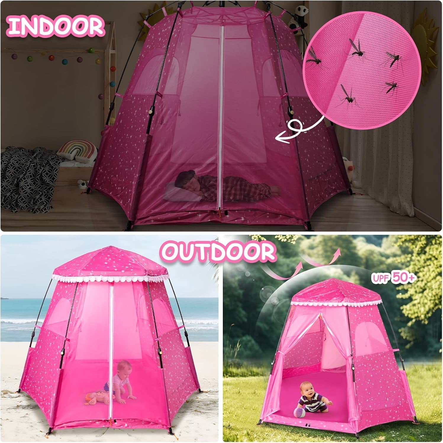Kids pop-up princess castle play tent by Peach Maple, featuring colorful fabric walls and a fun playhouse design for children.