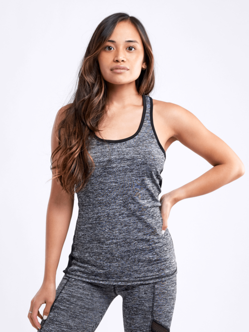 Black Lavender JupiterGear sports tank top with side mesh panels, showcasing breathable activewear for workouts and athletic activities.
