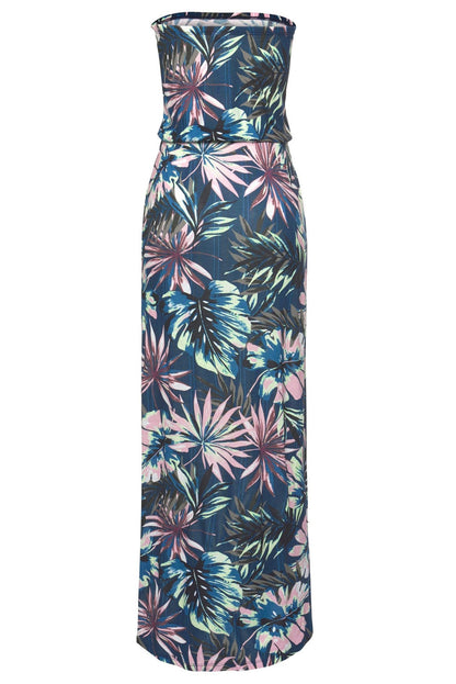 Green Bohemian bandeau maxi dress for women by Lavender Pallas featuring a vibrant printed design and flowing fabric.