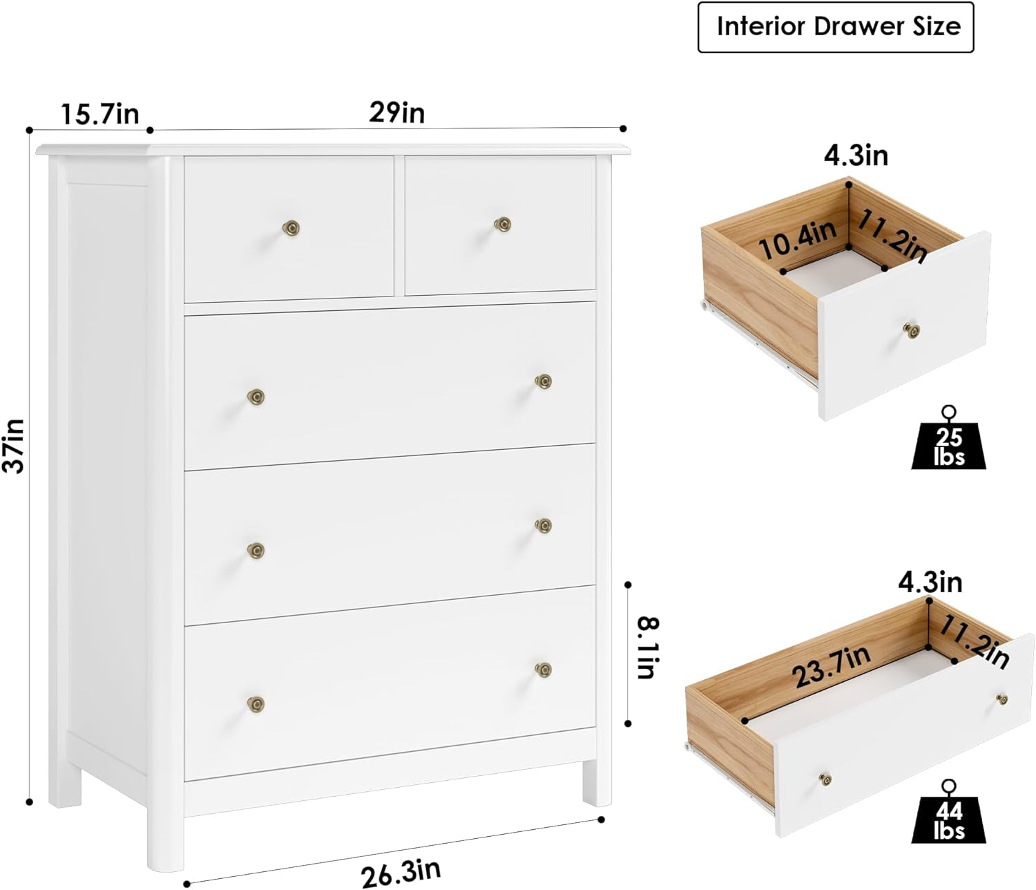 White Peach Maple five-drawer bedroom dresser with sleek design and ample storage for organized bedroom furniture.