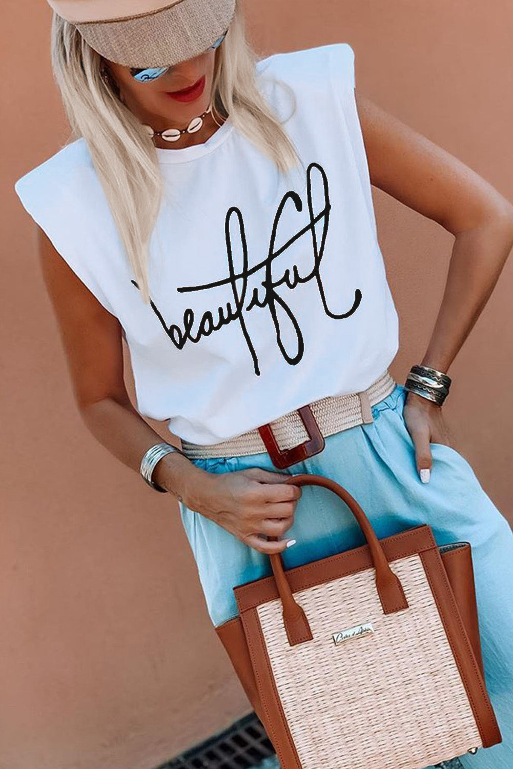 White padded shoulder tank top with letter print, women&