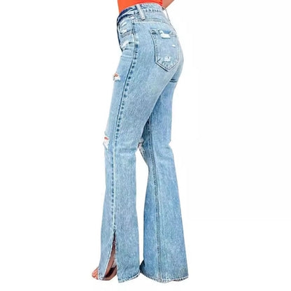 Carmine Juneberry 25th Edition high waist ripped split stretch jeans for women, showing distressed details and fitted style.