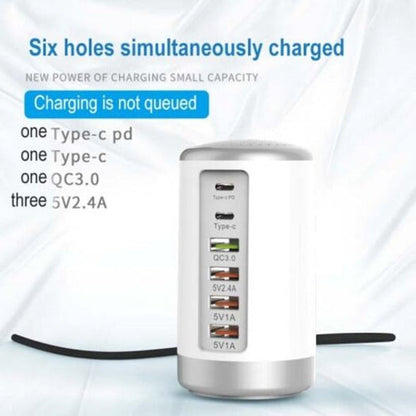 Maroon Asteria 6-port cylindrical adapter for mobile and laptops, 65W high-power fast charging device with multiple USB ports.