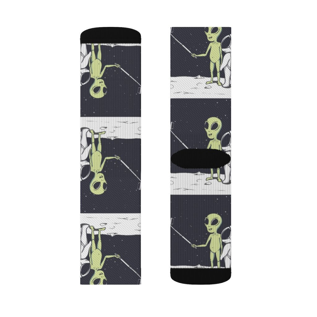Yellow Pandora Funny Alien Selfie Socks featuring colorful alien and space-themed designs, perfect for fun footwear.