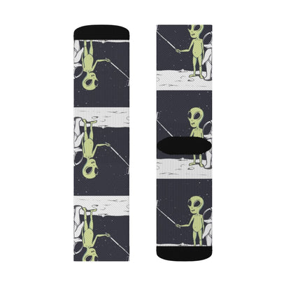 Yellow Pandora Funny Alien Selfie Socks featuring colorful alien and space-themed designs, perfect for fun footwear.
