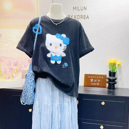 Start2Finish Hello Kitty short-sleeved cotton T-shirt featuring a retro cartoon design, street fashion style, and loose fit.