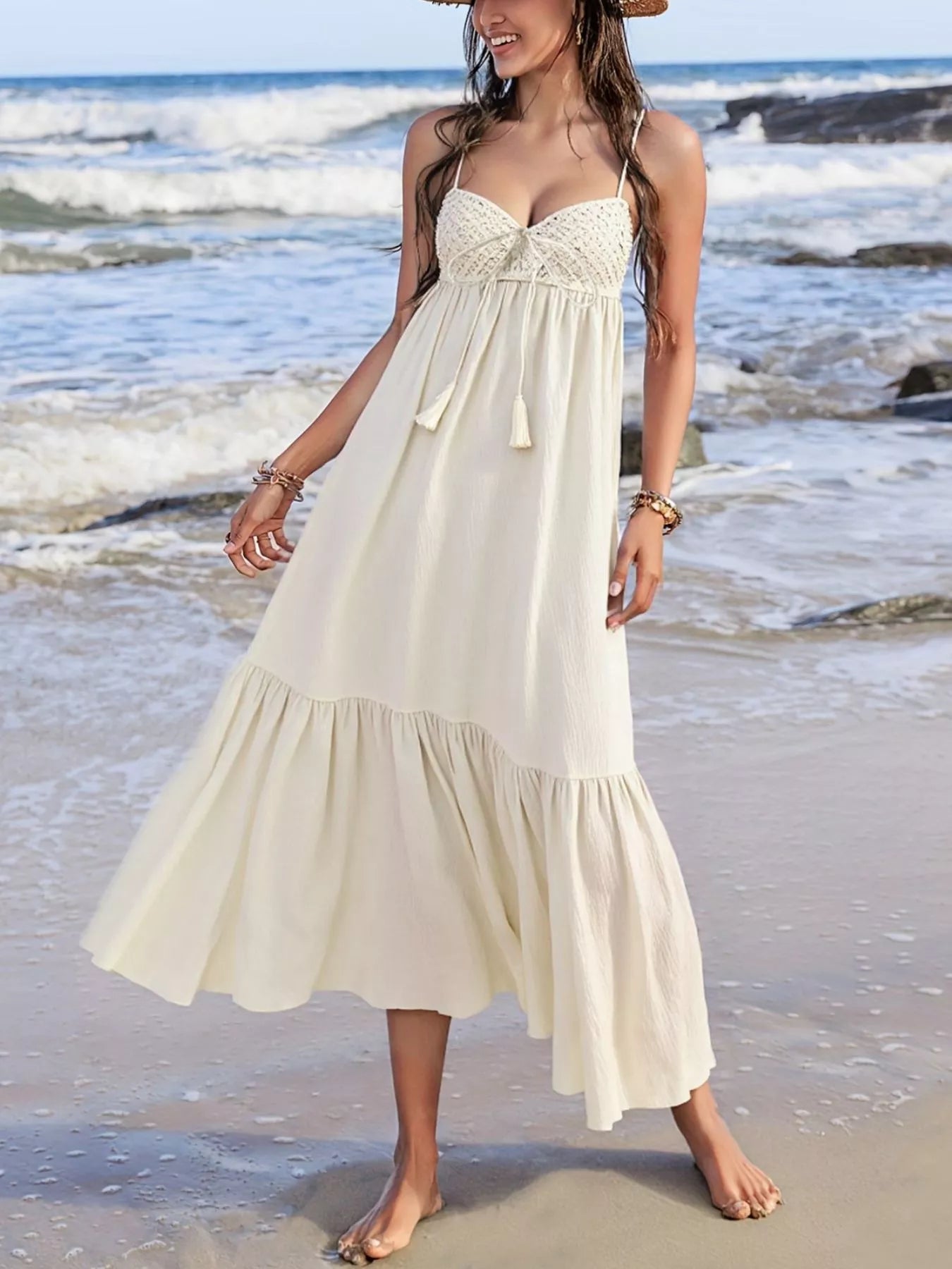 Pear Daisy sweetheart neck spaghetti strap dress, perfect for home and garden lounging, featuring a romantic neckline and lightweight fabric.