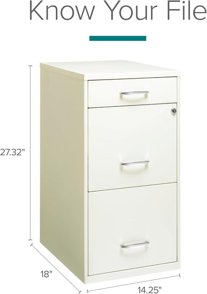 Pearl white Hirsh 18-inch deep metal file cabinet with three drawers, made by Peach Maple, placed on a neutral background.