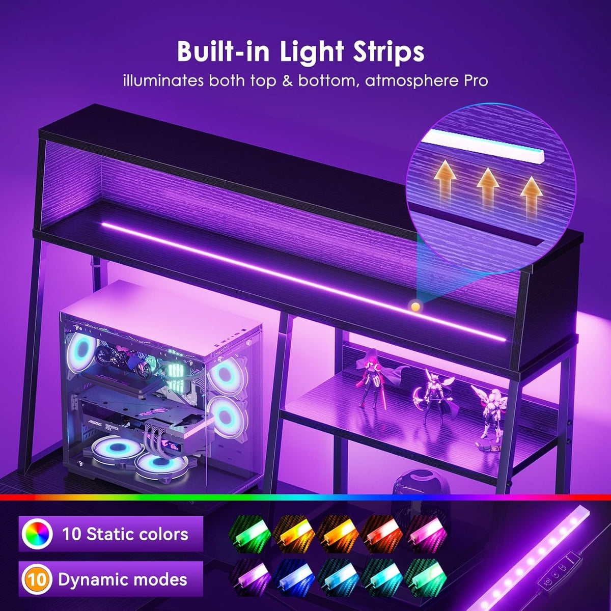 Fifty One Inch L Shaped Gaming Desk With Display Shelves LED Illumination