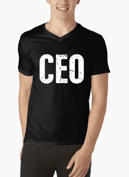 Scorpius CEO V-Neck T-shirt, plain black casual T-shirt with V-neck collar, front view, soft cotton fabric.