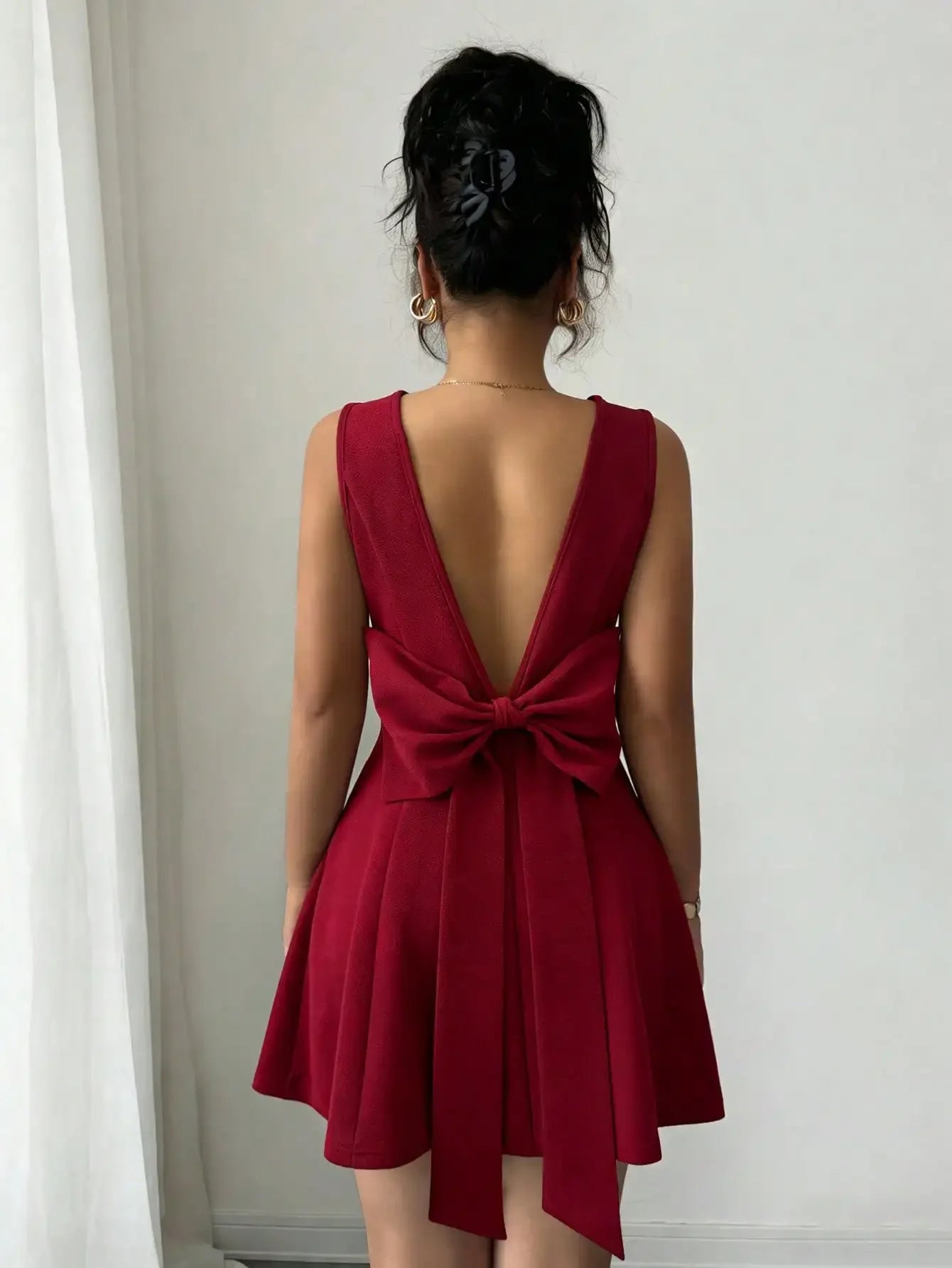 Burgundy European-style V-neck backless fitted dress with bowknot waist, elegant luxury apparel by Start2Finish.