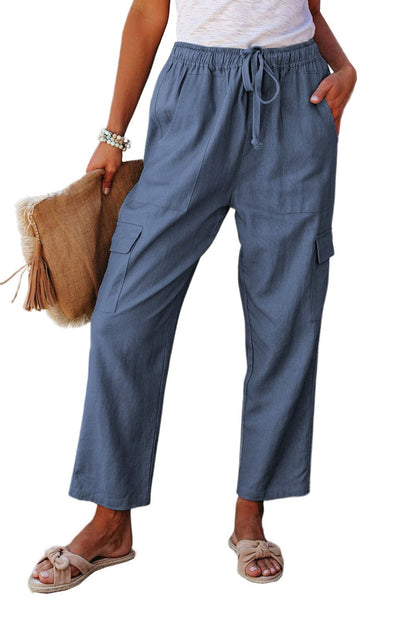Jade Driven linen blend pocketed cargo pants for women, featuring a relaxed fit, multiple pockets, and casual style.