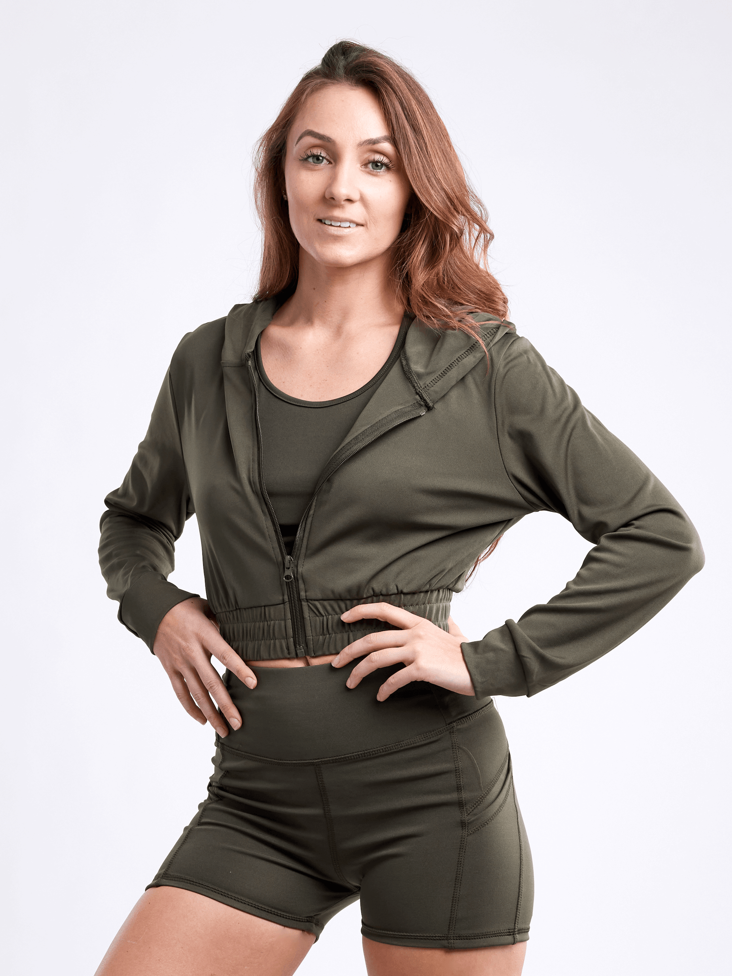 Black Lavender JupiterGear athletic zip-up crop hoodie jacket shown in black with a fitted design and front zipper for activewear.
