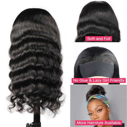Cerise Alfie loose body wave human hair headband wig with scarf, easy wear, no glue, natural look for bath and beauty styling.
