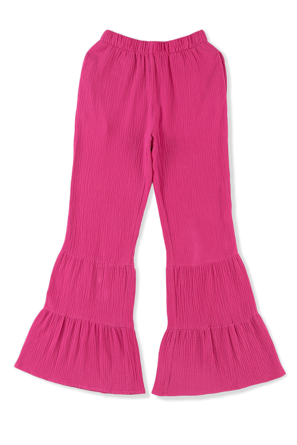 Rose textured high waist ruffled bell bottom pants by Carmine Juneberry, showing the detailed ruffle and bell shape design.
