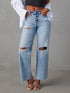 Pair of Pear Daisy distressed straight leg jeans with pockets, showcasing a casual, worn-in denim look.