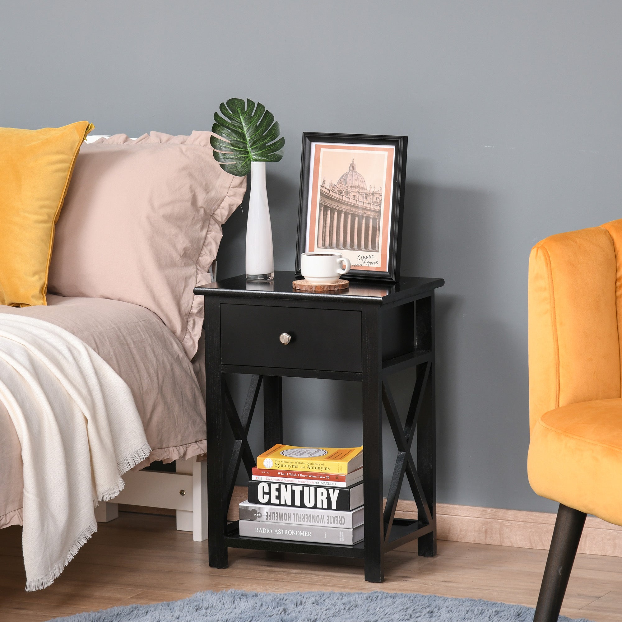 Taupe Shadow HOMCOM wooden bedside table with drawer and shelf, ideal for bedroom decor and nightstand storage.