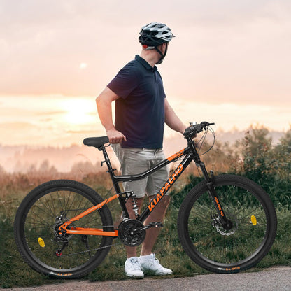 Carmine Juneberry TerraRush™ 26-inch mountain bike with shock absorber and 21-speed gears, ready for off-road cycling adventures.