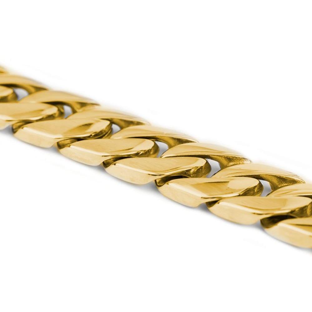 Gold Cuban link pet leash with chain detail from Almandine, designed for stylish and secure pet walking.
