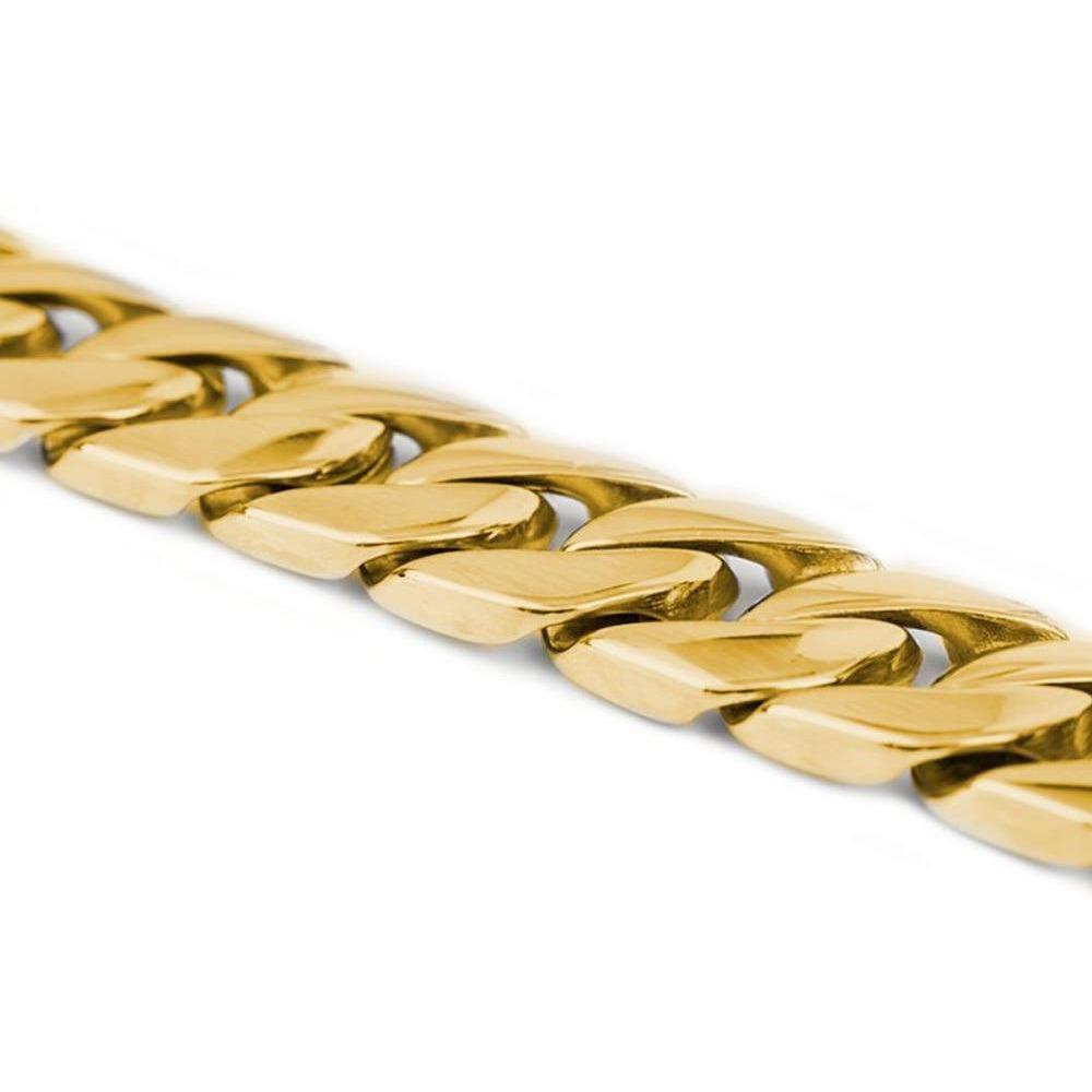 Gold Kilo Cuban Link leash for pets with chain detailing by Almandine, showcasing a sturdy, stylish pet accessory.