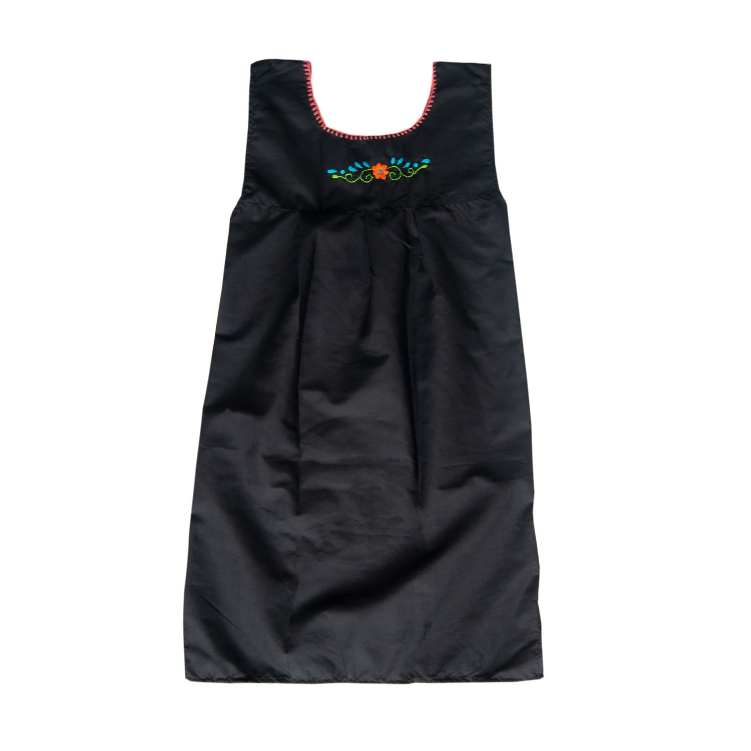 Black Mexican dress with multicolored floral embroidery, sleeveless design, by Violet Athena, displayed from the back.