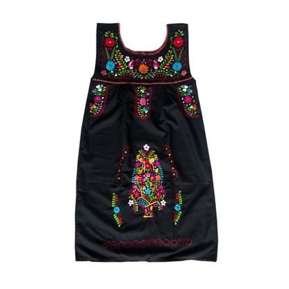 Black Mexican dress with multicolored floral embroidery, sleeveless women&