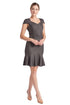 Peach Dionysus Chelsea Pinstripe Dress with V-neck, cap sleeves, and ruffle hem, perfect for work or casual wear.