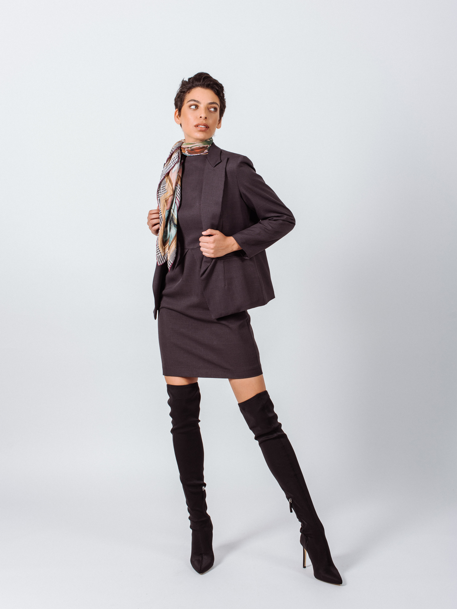 Luxe Charcoal Blazer for women by Mauve Daisy, tailored office jacket, featuring a sleek fit and classic design.