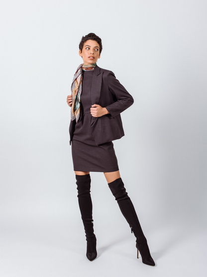 Luxe Charcoal Blazer for women by Mauve Daisy, tailored office jacket, featuring a sleek fit and classic design.