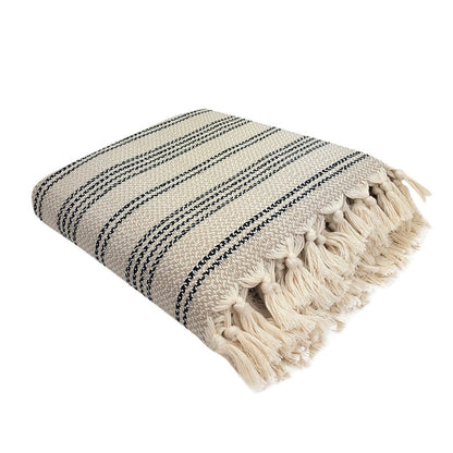 A woven Turkish throw blanket with colorful stripe patterns, designed for home decor by Ariel.