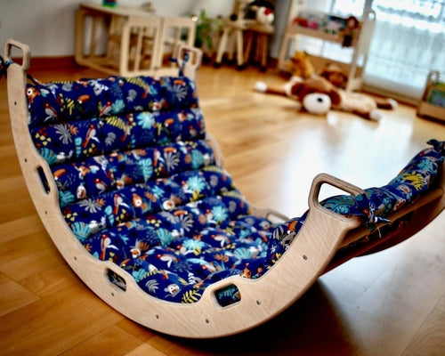 Red Oceanus Montessori climber set featuring a wooden arch, rocker, ramp, and cushioned pillow for kids&