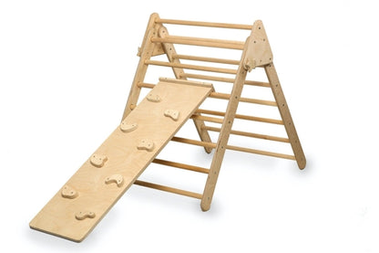 Red Oceanus climbing triangle with tent cover, mat, and ramp for kids, featuring colorful, child-friendly furniture design.