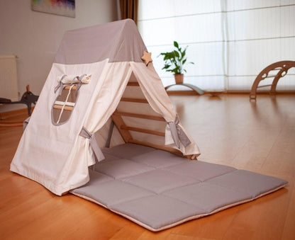 Red Oceanus climbing triangle with tent cover, mat, and ramp for kids, showcasing colorful play furniture with safety features.