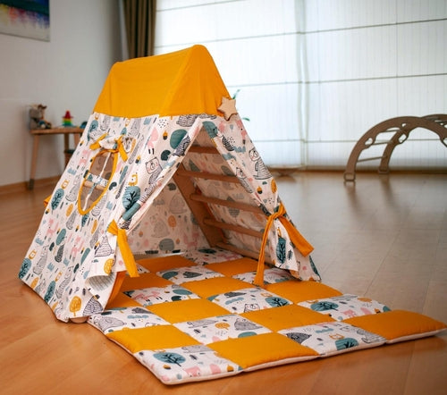 Red Oceanus climbing triangle with tent cover, mat, and ramp, designed for kids&